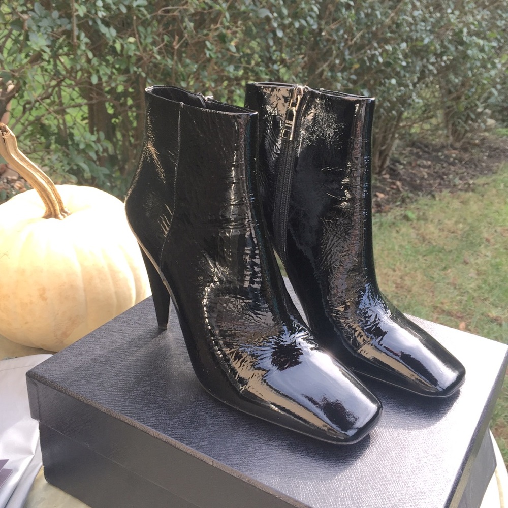 Prada Vernice Naplak Black Patent Leather Ankle Booties, 38.5